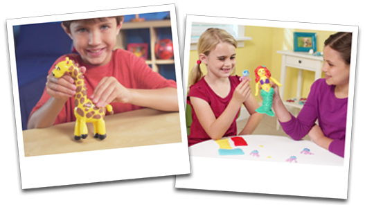 Boy making giraffe with Lumi Dough and two girls holding a Lumi Dough mermaid